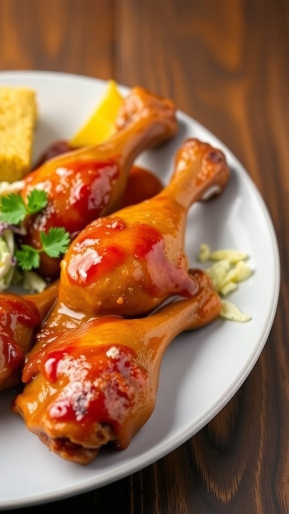 Oven-baked BBQ drumsticks on a plate with coleslaw and cornbread, garnished with parsley.